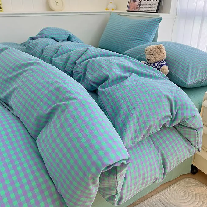 Detailed LifeTB Queen Comforter Set Green Gingham Bedding Comforter 3 Pieces Checkered Pattern Comforter Set Green Purple Plaid Grid Bed Comforter with 2 Pillowcases Fluffy Soft Gingham Bedding Set Queen Size Prestigious