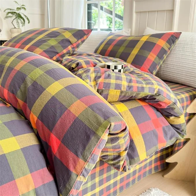 Convenient LifeTB Full Comforter Set Geometric Checkered Pattern Comforter Multicolor Grid Plaid Gingham Bedding Comforter Set Fluffy Soft Lightweight Bedding 3 Pieces Grid Bed Comforter with 2 Pillowcases Prestigious