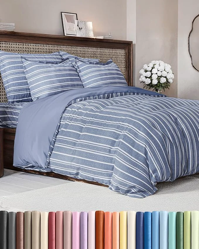 Fast Duvet Cover Full Size Set – Extra Soft Full Duvet Cover 80 quot x 90 quot with 2 Pillow Shams – Hotel Luxury Easy Care amp Fade with Zipper Closures amp Ties – All Season Comfy amp Breathable Blue Stripes Solid