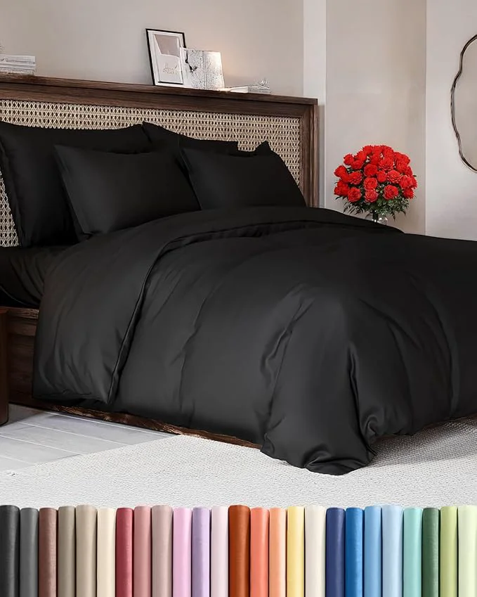 High-Quality Duvet Cover Full Size Set – Extra Soft Full Duvet Cover 80 quot x 90 quot with 2 Pillow Shams – Hotel Luxury Easy Care and Fade w Zipper Closures amp Ties – All Season Comfy Cozy amp Breathable Black Enhanced