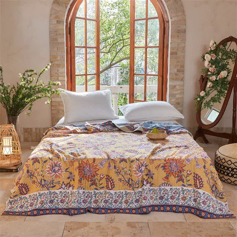 Authentic Ownkoti Vibrant Floral Jacquard Cotton Gauze Quilt Blanket Minimalist