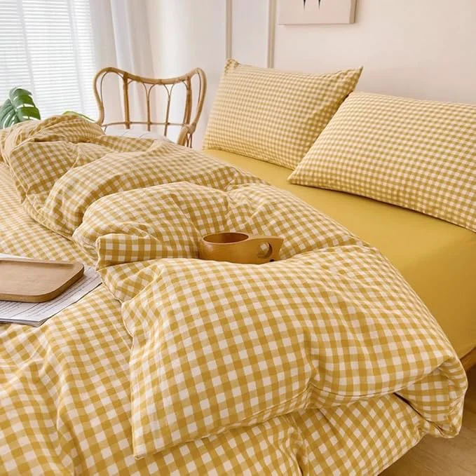 Relaxed LifeTB Twin XL Comforter Set 3 Pieces Yellow Gingham Comforter Set Geometric Checkered Plaid Printed Bedding Comforter for All Seasons Fluffy Soft Lightweight Gingham Plaid Bedding Set Twin XL Elegant