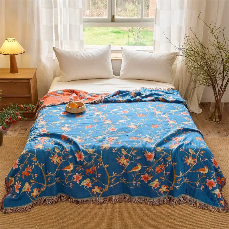 Sustainable Ownkoti Floral amp Magpie Tassel Cotton Gauze Quilt Blanket Pure