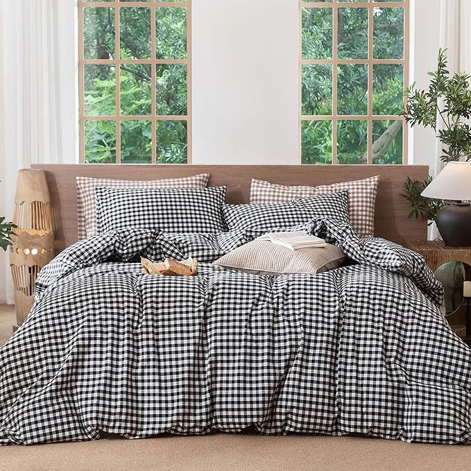 Casual MooMee Gingham Duvet Cover Set Washed Cotton Linen Like Textured Breathable Durable Soft Comfy Modern Checkered Design Black White Gingham Queen 90 quot x90 quot Solid