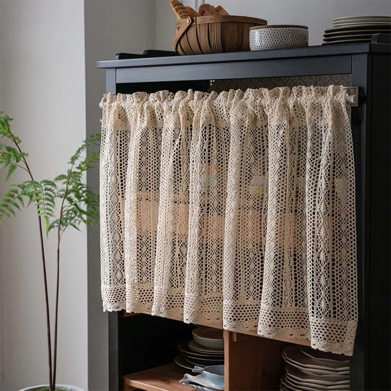 Fast Ownkoti Bohemian Beige Dot Crochet Tier Curtain Premium Material