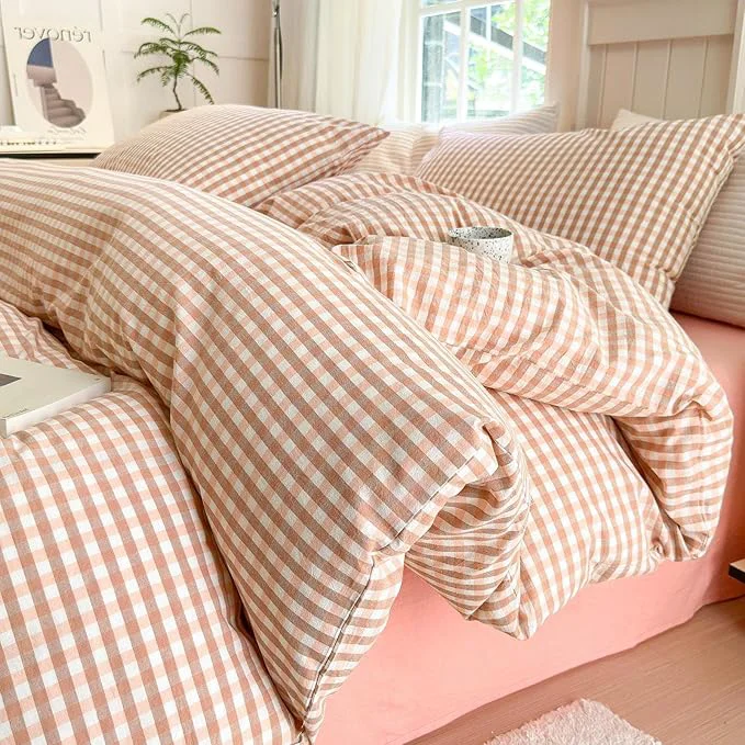 Smart LifeTB Pink Gingham Comforter Set Full Modern Style Pink Plaid Comforter Set 3 Pieces Grid Checkered Pattern Comforter with 2 Pillowcases Fluffy Boho Farmhouse Gingham Bedding Comforter Full Unique
