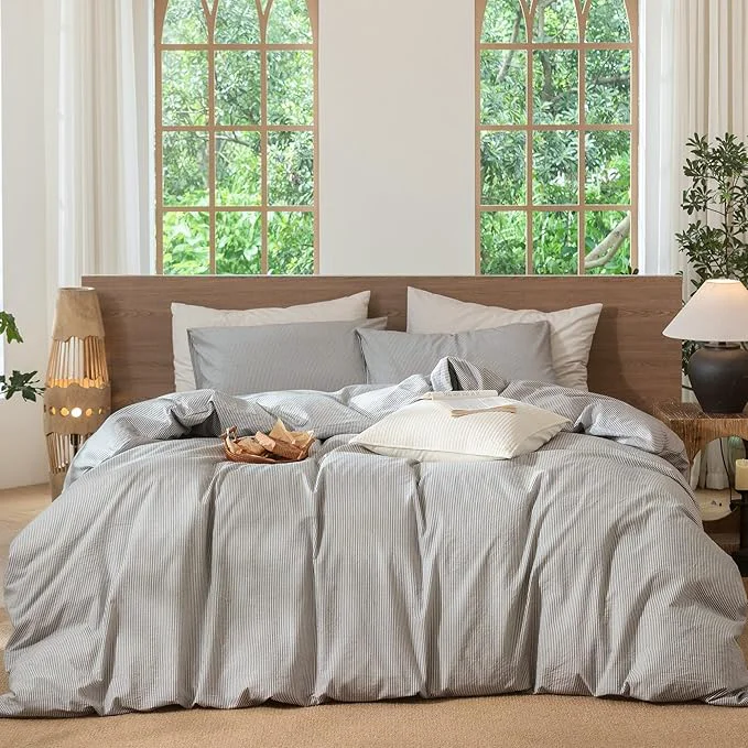 Enhanced MooMee Striped Duvet Cover Set Washed Cotton Linen Like Textured Breathable Durable Soft Comfy Dark Grey White Pinstripes King 104 quot x90 quot Elite