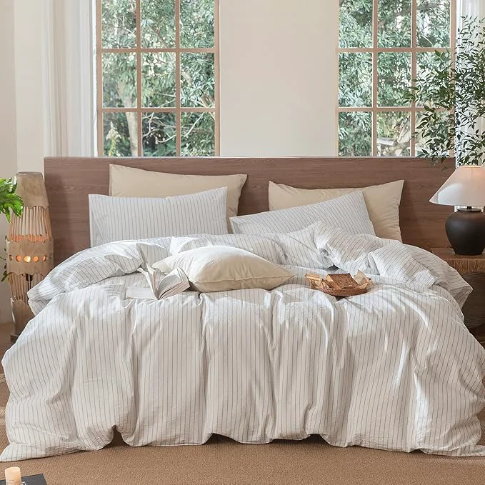 Responsible MooMee Striped Duvet Cover Set Washed Cotton Linen Like Textured Breathable Durable Soft Comfy White Cornflower Blue Wide Stripes Alaska King 132 quot x120 quot Enhanced