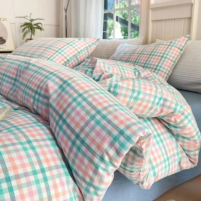 Carefully Designed LifeTB Gingham Comforter Set Twin XL Multi-Colored Plaid Comforter Set 3 Pieces Checkered Grid Comforter with 2 Pillowcases Soft Fluffy Gingham Bedding Set Farmhouse Grid Bed Comforter Twin XL Fashionable