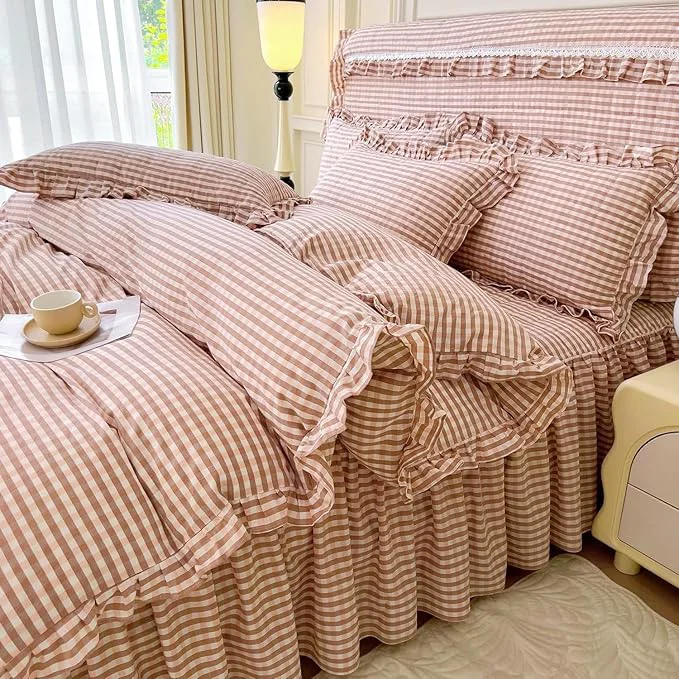 Professional LifeTB Pink Gingham Comforter Set Twin XL Vintage Ruffle Pink Plaid Comforter Set Soft Fluffy 3 Pieces Grid Checkered Pattern Comforter with 2 Pillowcases Farmhouse Gingham Bedding Set Twin XL High-Performance