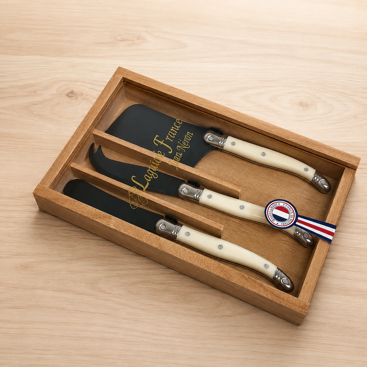 Crafted Laguiole 3 Piece Mini Cheese Utensil Set Black Blade amp Ivory Handle in Wood Box with Acrylic Lid Responsible