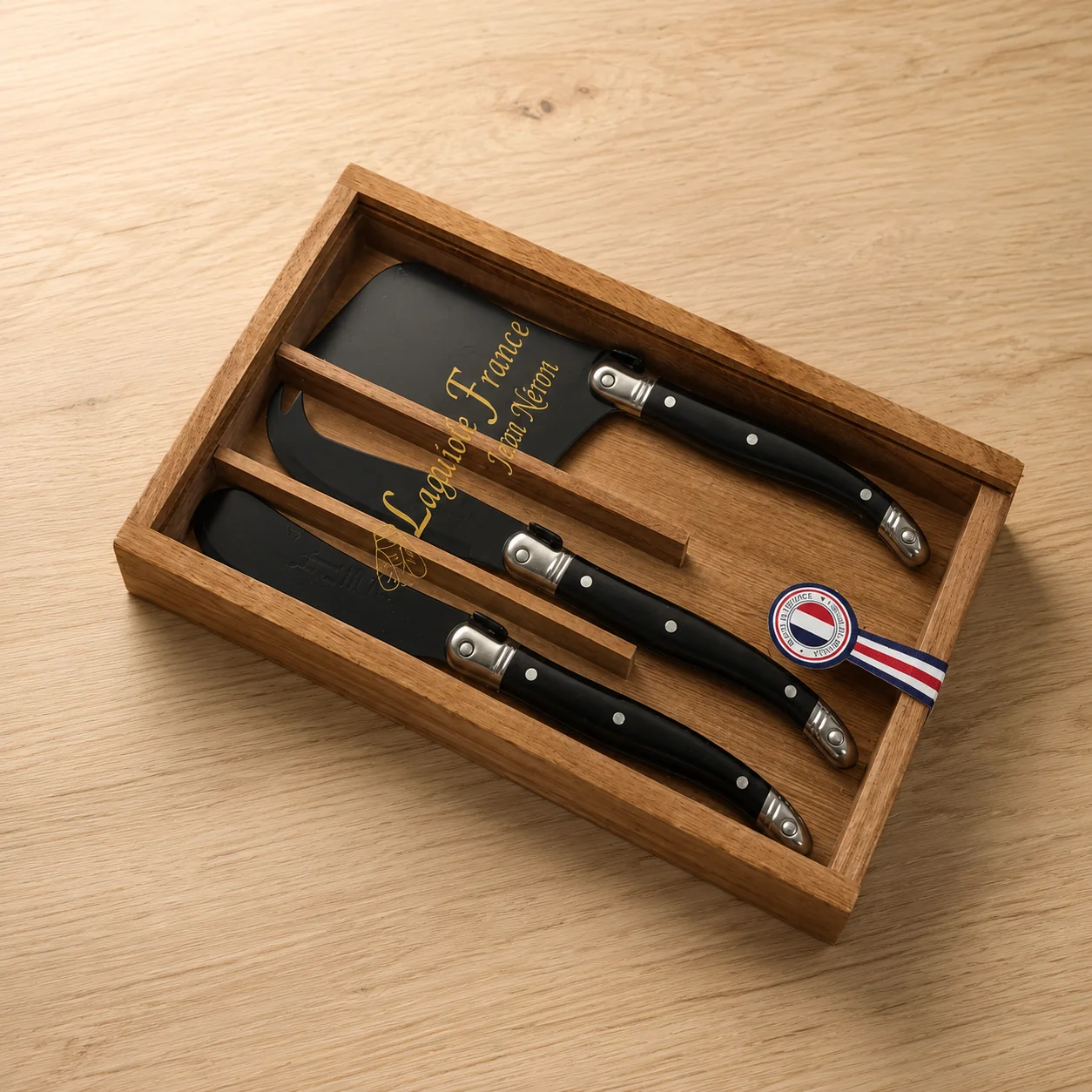 Innovative Laguiole 3 Piece Mini Cheese Utensil Set Black Blade amp Black Handle in Wood Box with Acrylic Lid Elegant