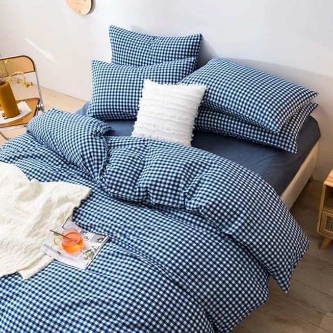 Trusted LifeTB Queen Comforter Set Royal Blue Gingham Bedding Comforter Modern Style Blue Grid Plaid Comforter Set 3 Pieces Fluffy Checkered Comforter with 2 Pillowcases Breathable Gingham Bedding Set Functional