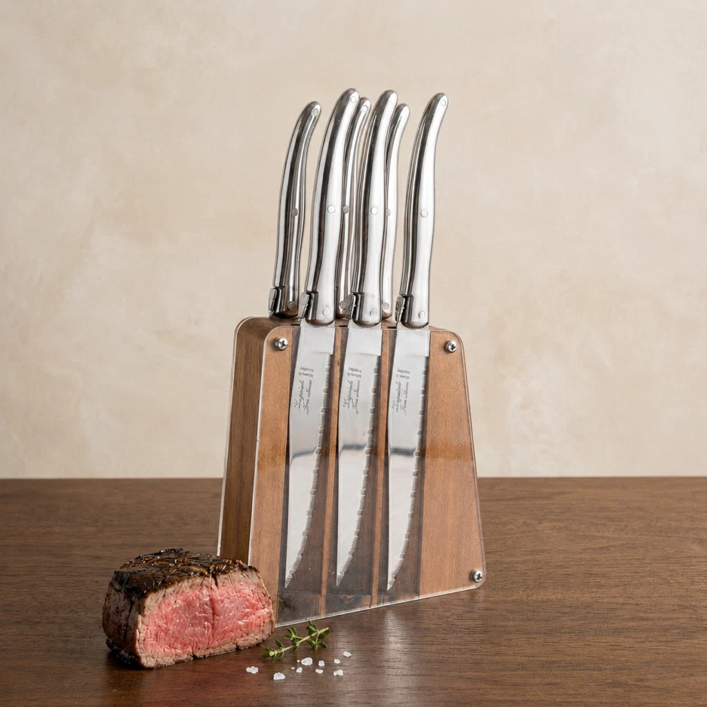 Comfortable Laguiole 6 Piece Steak Knife Set Stainless Steel in Acrylic Block Authentic