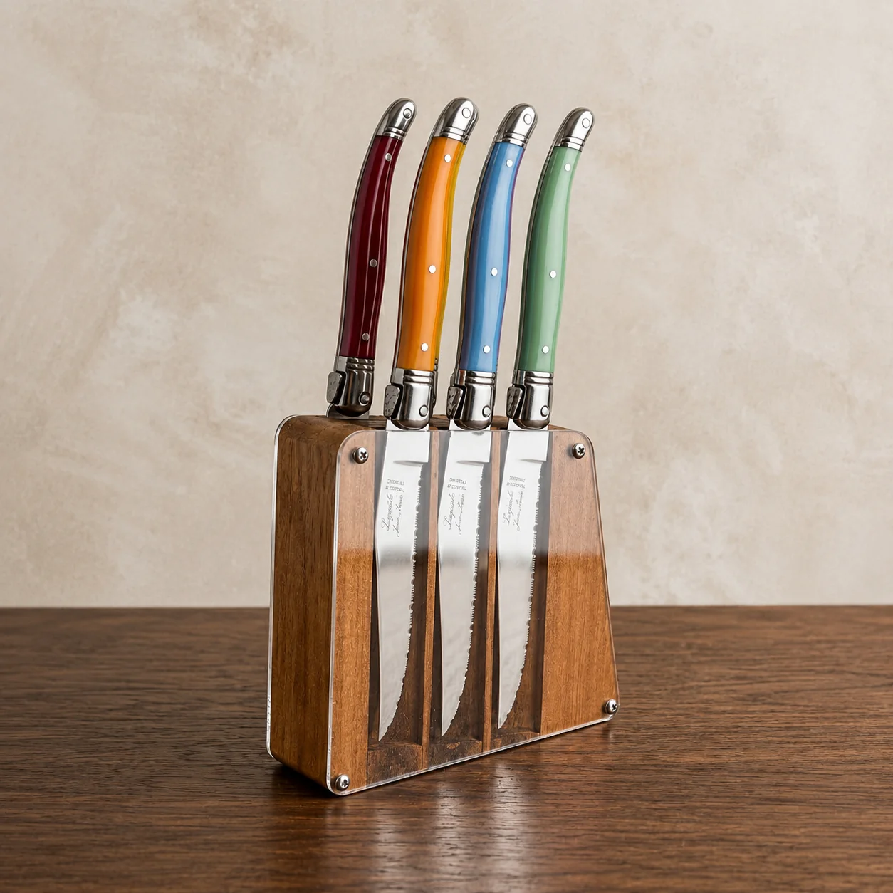 Sustainable Laguiole 6 Piece Steak Knife Set Rainbow in Acrylic Block Reusable