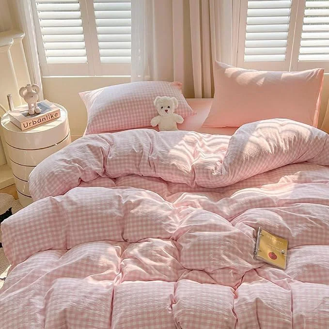 Reusable LifeTB Pink Gingham Comforter Set Full Size Modern Style Pink Grid Comforter Set 3 Pieces Plaid Checkered Pattern Comforter Fluffy Soft Farmhouse Gingham Bedding Comforter with 2 Pillowcases Professional