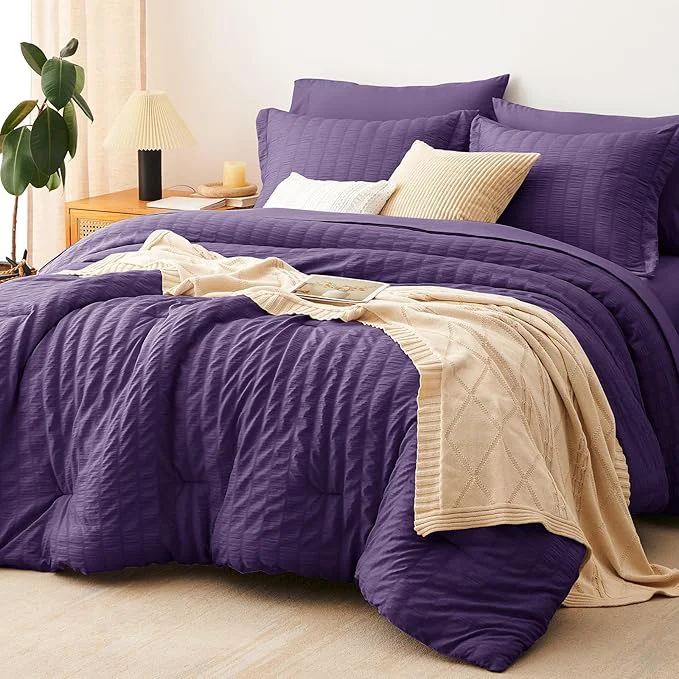 Modern CozyLux Queen Comforter Set Purple Seersucker 7 Pieces Bed in a Bag Queen Comforter Set with Sheets Luxury Soft Bedding Set with Down Comforter Sheets Pillowcases amp Shams for All Season Verified