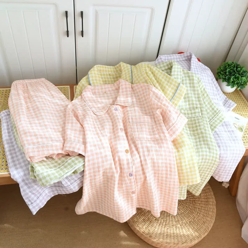 Next-Generation Ownkoti Gingham Cotton Gauze Pajamas with Colorful Buttons Casual