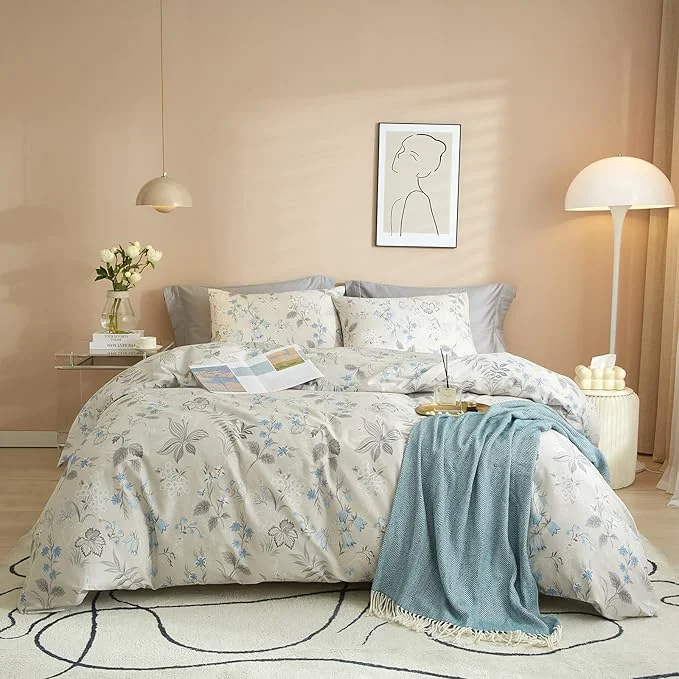 Effective VM VOUGEMARKET Gray Blue Floral Duvet Cover Set King Vintage Garden Style Botanical Bedding Set Cotton Comforter Cover for Girls And Boys Women Premium Material