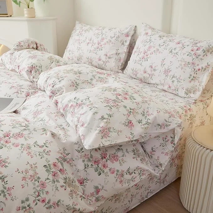 Outstanding VM VOUGEMARKET Queen Duvet Cover Set Pink Floral Bedding Set on White Cotton Reversible Vintage Comforter Cover with Zipper amp Ties Superior