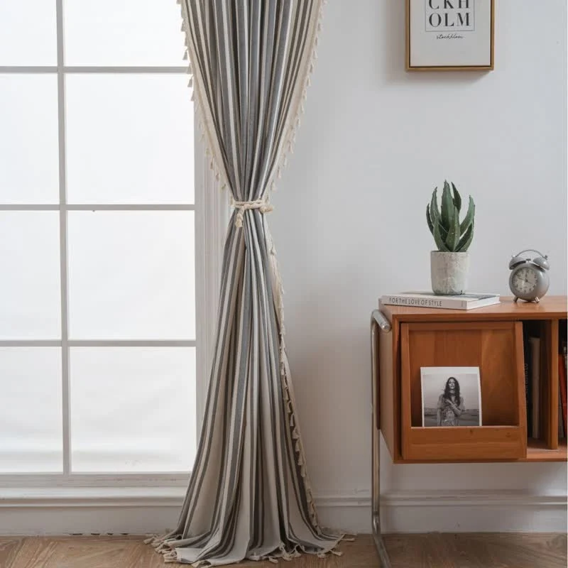 Safe Ownkoti Gray amp White Stripe Tassel Curtain Flexible