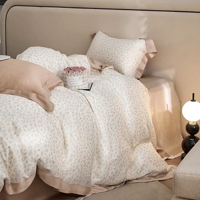 Contemporary VM VOUGEMARKET Girls Pink Flower Leaves Duvet Cover Set Queen Princess Lace Bedding Set Cooling Silky Lyocell Duvet Cover with Zipper Closure-Blush Pink 90×90 Inch Advanced