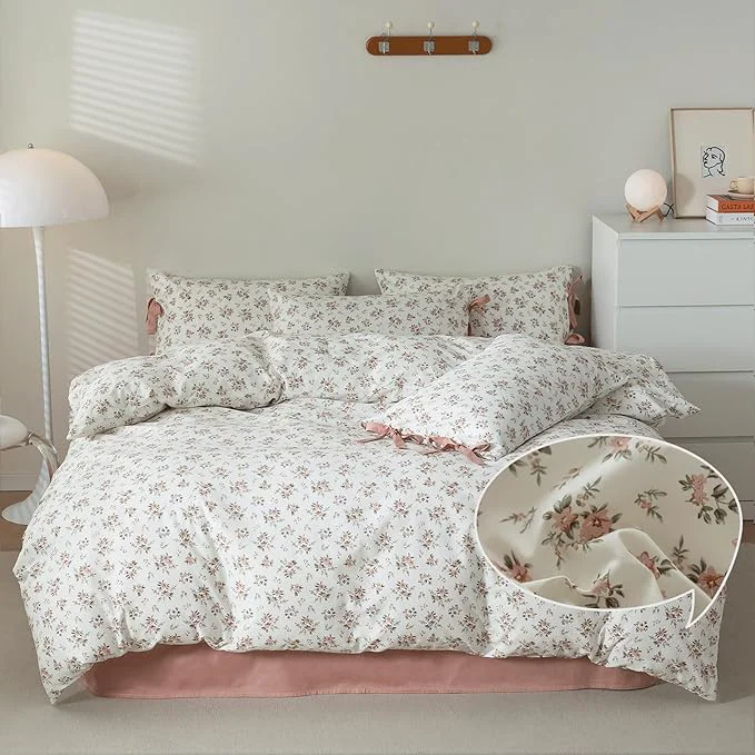 Enhanced Pink White Duvet Cover Set Full 3 Pieces Blush Pink Flower Duvet Cover with 2 Bow Ties Pillowcases Cottagecore Bedding Set Cotton Vintage Country Comforter Cover without Filling-80 quot x90 quot Original