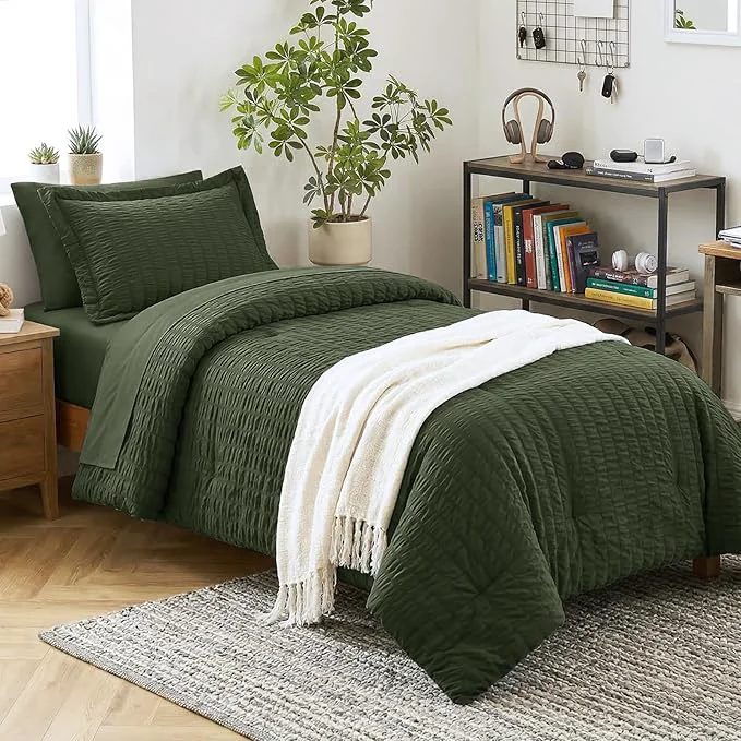 Exceptional CozyLux Twin Comforter Set with Sheets 5 Pieces Olive Green Seersucker Textured Bed in a Bag Luxury Soft Bedding Sets with Down Comforter Sheets Pillowcase amp Sham for All Seasons Classic