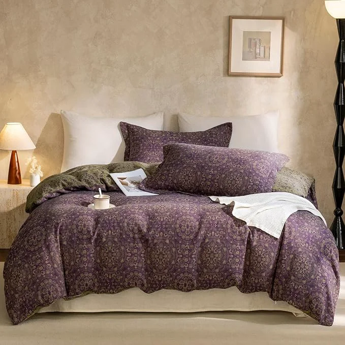Prestigious VM VOUGEMARKET Jacquard Flower Duvet Cover Twin Purple Green Floral Duvet Cover Set Yarn-Dyed Cotton Boho Medallion Bedding Set Retro Reversible Duvet Cover with Zipper Ties Relaxed