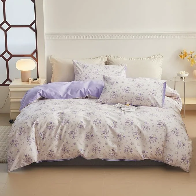 Specialty VM VOUGEMARKET Purple Flower Duvet Cover Set Twin Cotton 3 Pcs Girls White Lavender Comforter Cover with Zipper Closure Romantic Duvet Cover 2 Pillowcases for Spring Recyclable