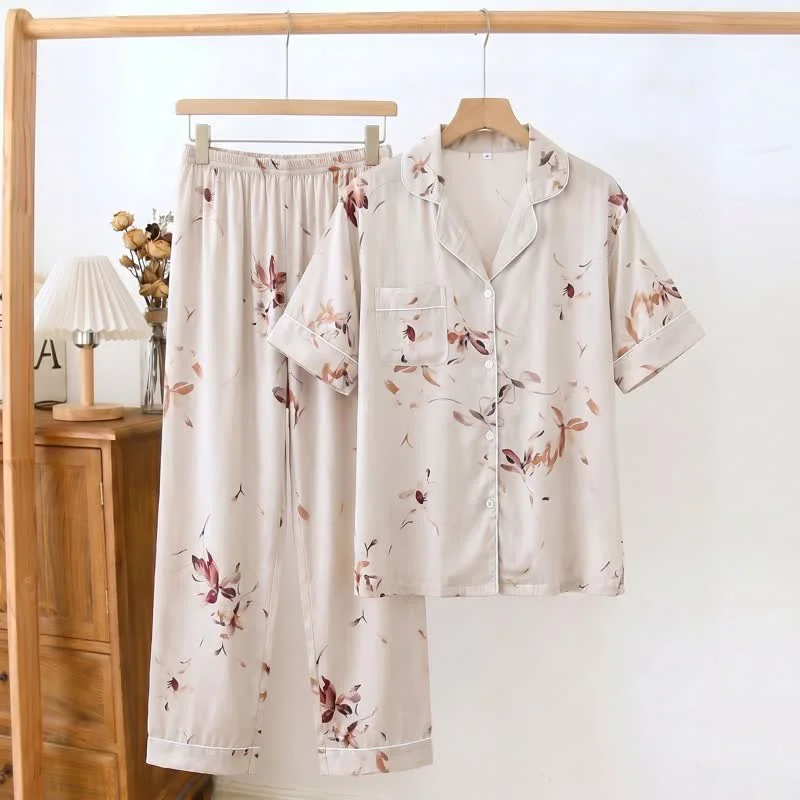 Relaxed Ownkoti Artistic Style Floral Silky Loungewear Set Proven