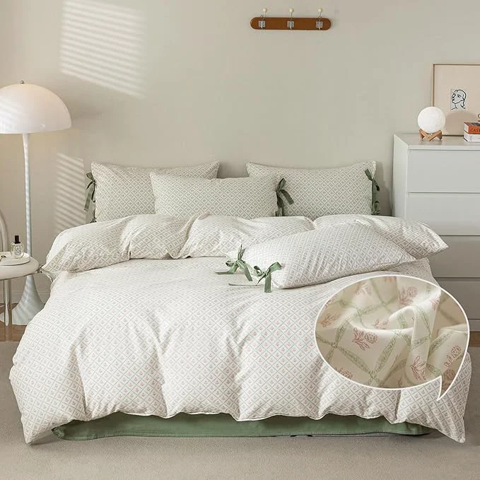 Elite VM VOUGEMARKET Red Flower Duvet Cover Full Cotton Bedding Set Green Plaid Grid Comforter Cover with Zipper Closure 80×90 Inch Natural
