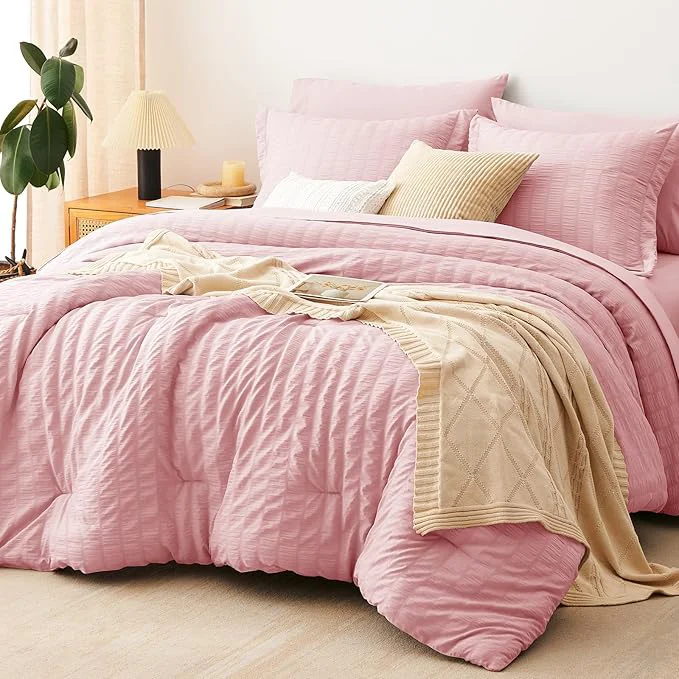 Convenient CozyLux Full Size Comforter Sets with Sheets 7 Pieces Pink Seersucker Bed in a Bag Textured Luxury Soft Bedding Set with Down Comforter Sheets Pillowcases amp Shams for All Season Verified