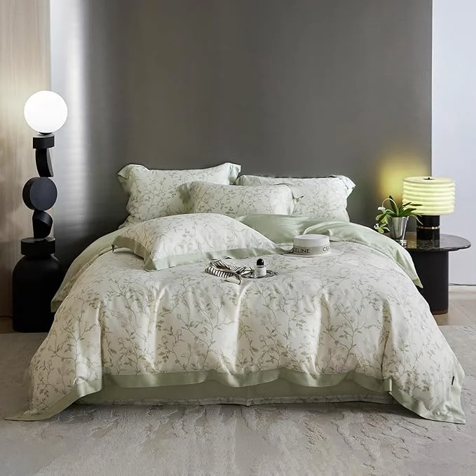 Safe VM VOUGEMARKET Green Flower Duvet Cover Twin Cooling Lyocell Comfoter Cover Set for Hot Sleeper Moisture Wicking Silky Bedding Set-Mint Green Verified