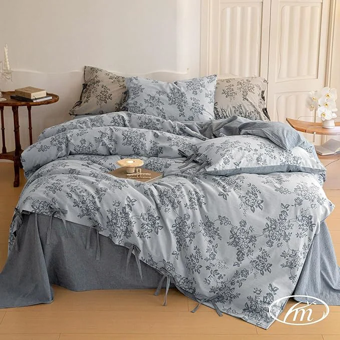 Unique VM VOUGEMARKET Duvet Cover Set King Size Linen Cotton Yarn-Dyed Duvet Cover Jacquard Garden Floral Pattern Monet Style 3Pieces Bedding Set Navy Blue Minimalist