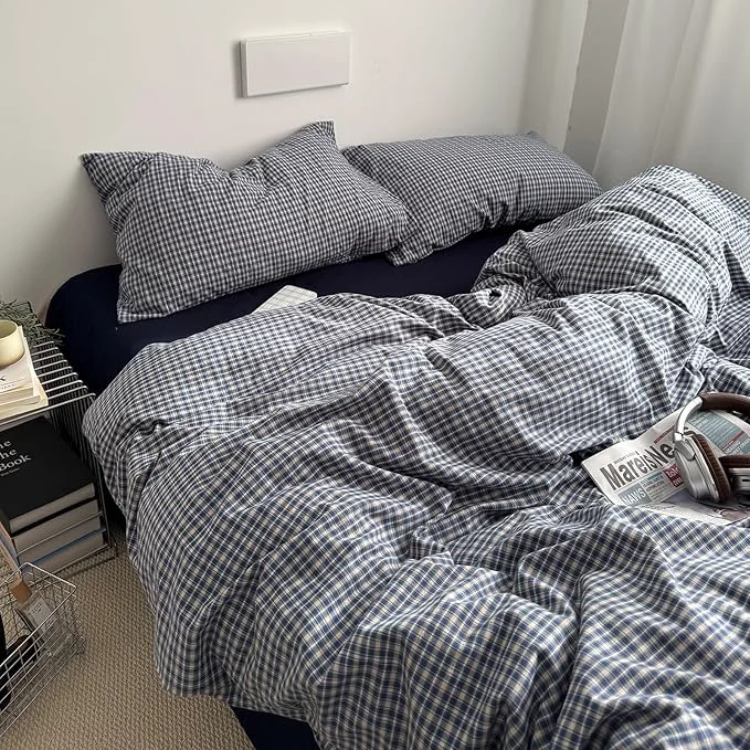 Refined EAVD Vintage Blue Plaid Gingham Duvet Cover Full Soft Washed Cotton Reversible Grid Plaid Checkered Gingham Bedding Set with 2 Pillowcases Farmhouse Blue Plaid Duvet Cover with Zipper Consistent