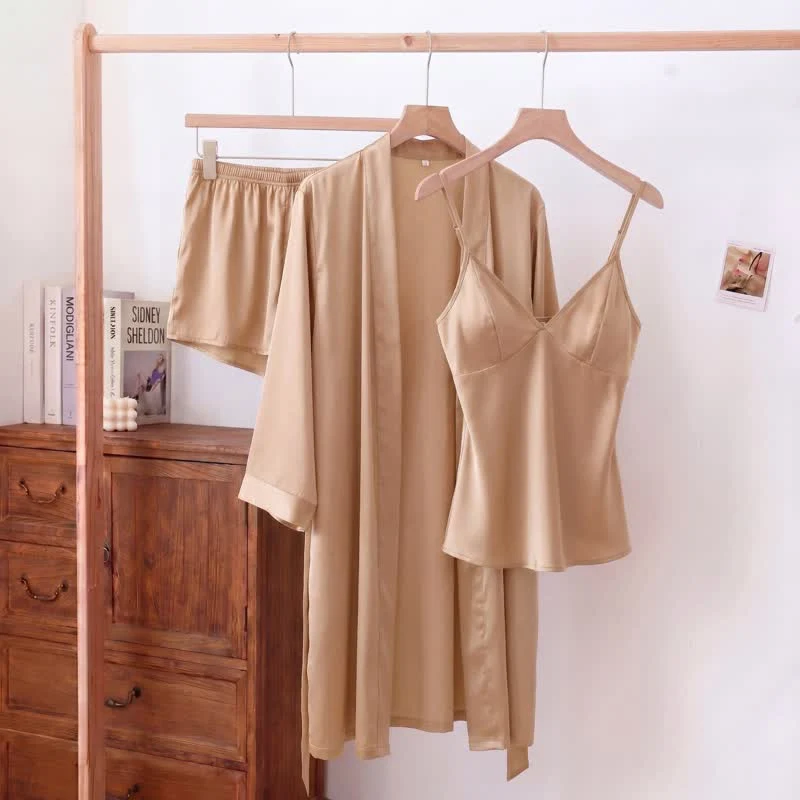 Pure Ownkoti Solid Color Silky Cami Pajama Set 3PCS Convenient