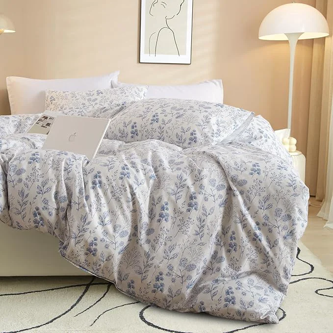 Natural VM VOUGEMARKET 3 Pieces Blue Flower Duvet Cover Set Twin Cottagecore Botanical Duvet Cover with 2 Pillowcases Cotton Leaves Bedding Set Vintage Garden Style for Teen Girls-68 X86 Flexible