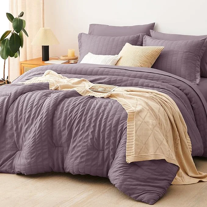 First-Class CozyLux Queen Comforter Set Dusty Purple Seersucker 7 Pieces Bed in a Bag Queen Comforter Set with Sheets Grayish Purple Luxury Bedding Sets Down Comforter Sheets Pillowcases amp Shams Fine Crafted