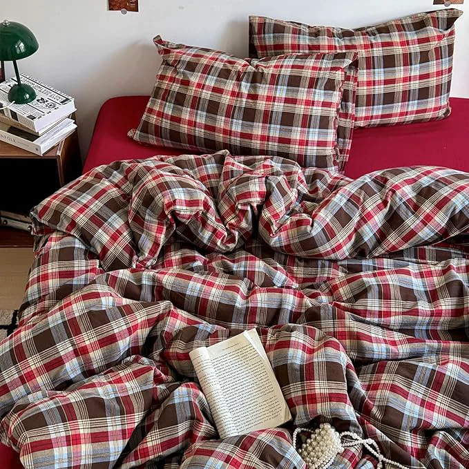 Smart EAVD Vintage Red Brown Buffalo Plaid Duvet Cover Queen Wasehd Cotton Plaid Bedding Set with Grid Checkered Pattern Farmhouse Gingham Duvet Cover with Zipper Closure 2 Pillowcases for All-Season Consistent