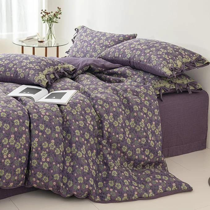 Crafted VM VOUGEMARKET Rustic Floral Jacquard Duvet Cover Queen Double Layer Gauze Cotton Purple Green Flower Duvet Cover with 2 Bowknot Pillowcases for a Comfortable Home Sleep Dependable