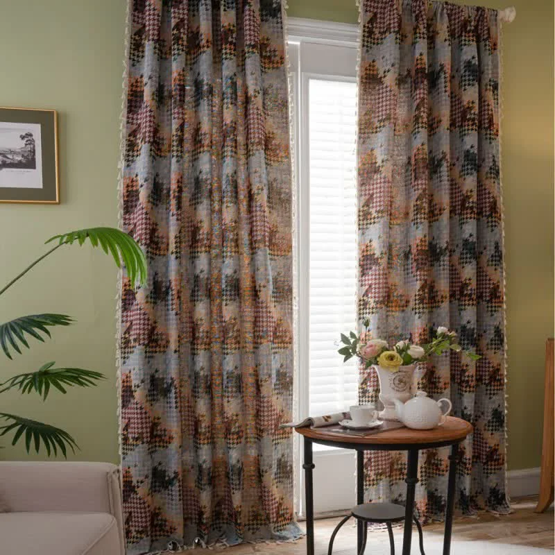 Modern Ownkoti Colorful Houndstooth Jacquard Curtain with Tassel Lightweight