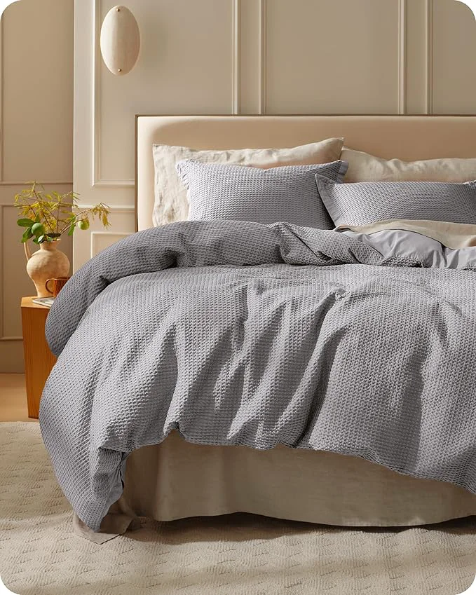 Recyclable Bedsure Cotton Duvet Cover Set – Cotton Waffle Weave Grey Duvet Cover Oversized King Size GentleSoft™ and Breathable Bedding Set for All Season 3 Pieces 120 quot x98 quot Organic