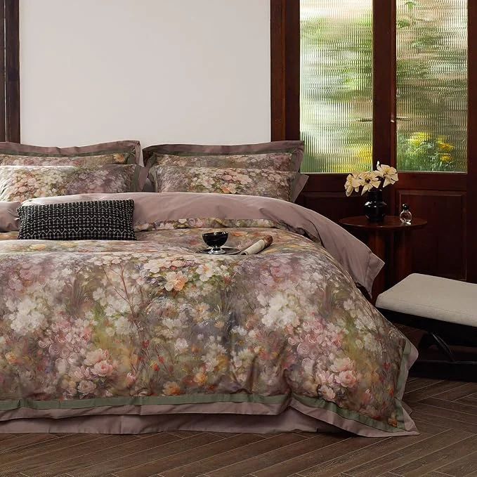 Artisan VM VOUGEMARKET Garden Flower Duvet Cover Set Queen 3 Pieces Pink Floral Duvet Cover with 2 Pillow Shams Smooth Silky Long Staple Cotton Bedding Set-Queen 90×90 Inch Sophisticated