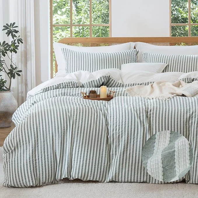 Natural MILDLY Sage Green Striped Duvet Cover – Washed Cotton Jacquard Textured Comforter Cover with Dual Zipper Closure amp 8 Coner Ties Healthy