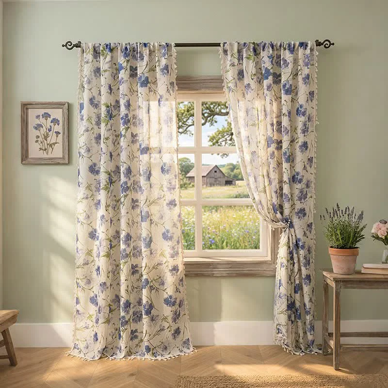 Innovative Ownkoti Blue Floral Print Curtain With Tassel Effective