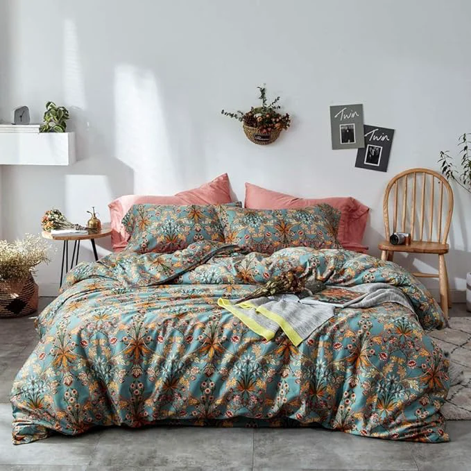 Stylish VM VOUGEMARKET Green Gold Duvet Cover Queen Medallion Paisley Print Bedding Set 400 Thread Count Percale Cotton Vibrant Bohemian Pattern Quit Cover with Zipper Closure Functional