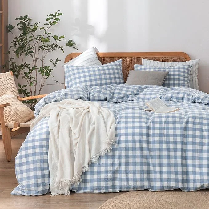Stylish OUCH Duvet Cover Set Washed Cotton Linen Feel Super Soft Comfortable Chic Lightweight 3 PCs Home Bedding Set Cornflower Blue amp White Grid Queen Quality
