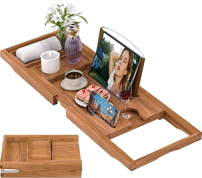 Breathable Premium Teak Bathtub Tray Caddy Expandable Wooden Bath Tray Flexible