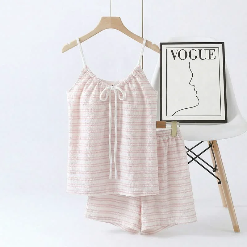 Official Ownkoti Bow Front Stripe Cami amp Shorts Pajama Set World-Class